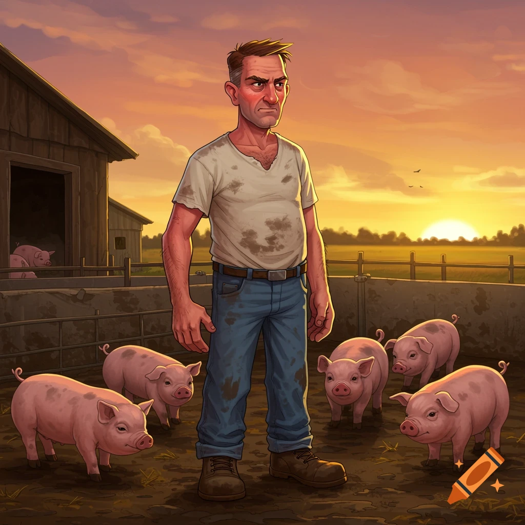 Cartoon illustration of a stern farmer standing in a muddy pigpen surrounded by pigs at sunset.