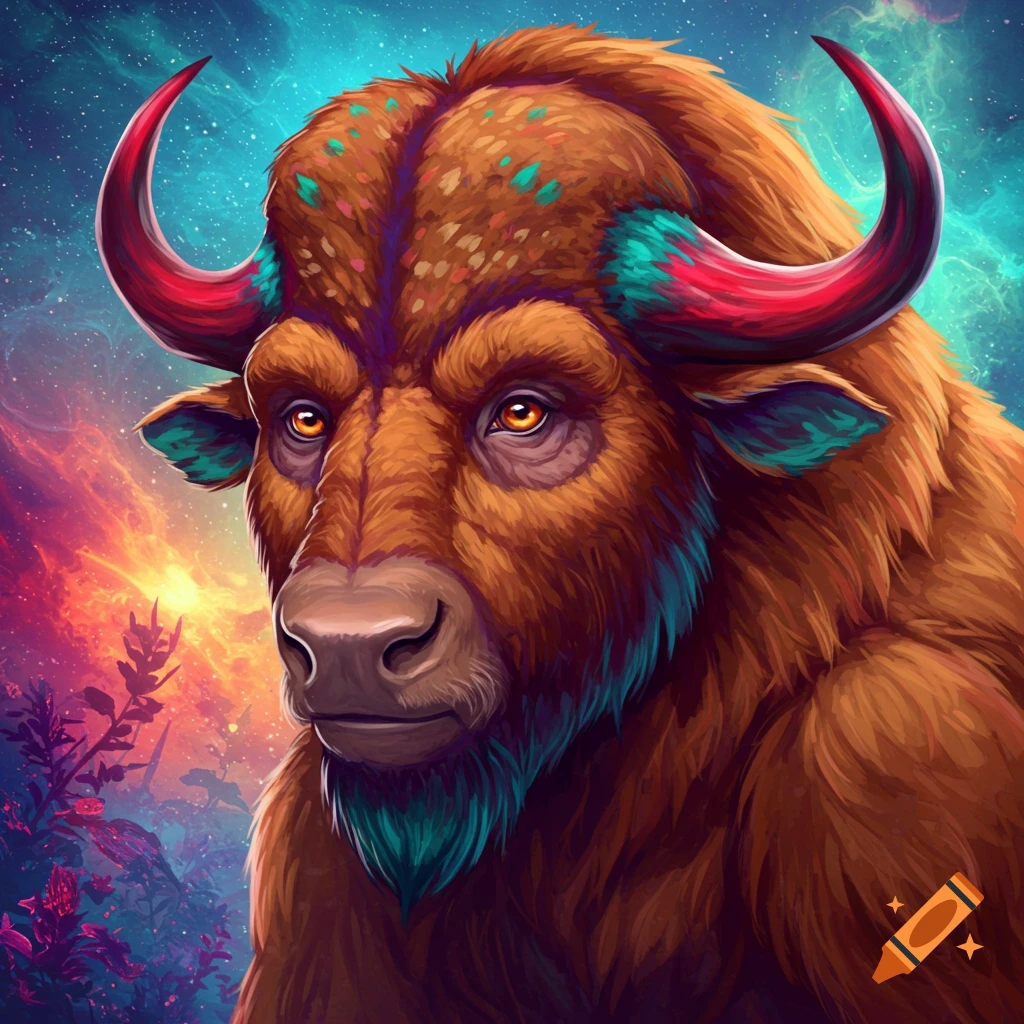 A fantasy creature with buffalo horns and monkey features in a cosmic setting.