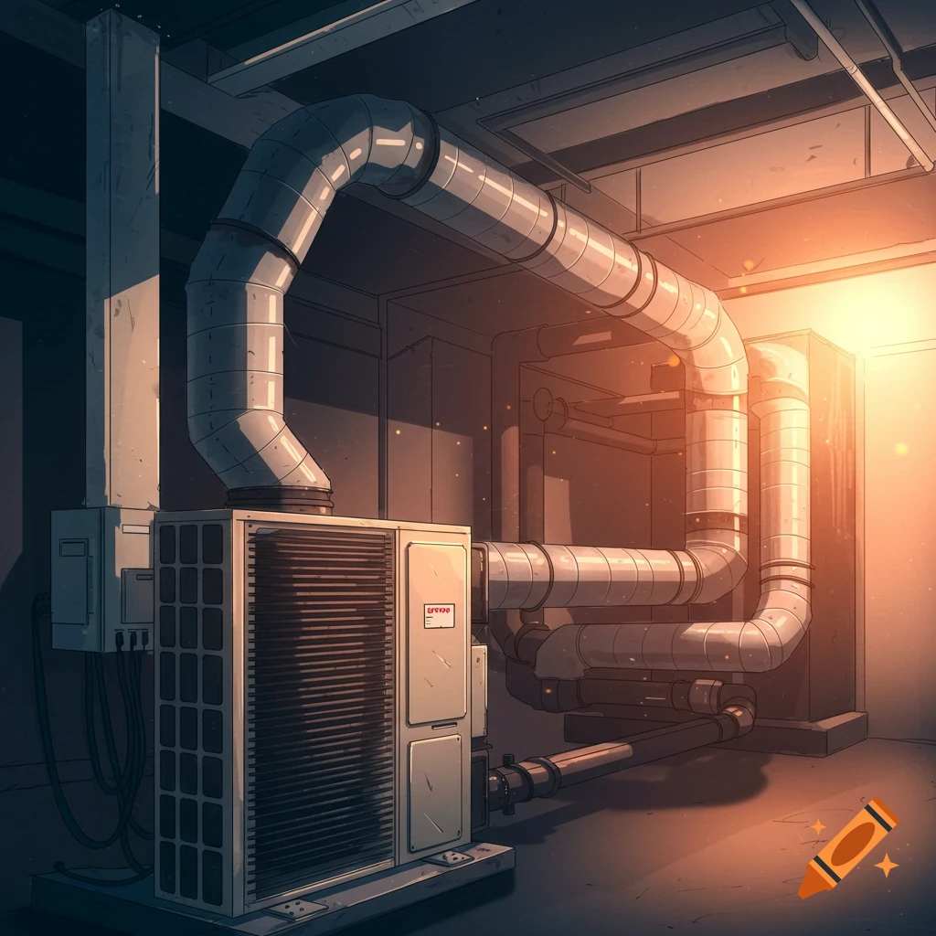 An HVAC unit with pipes and ducts in a room, lit by warm sunlight.