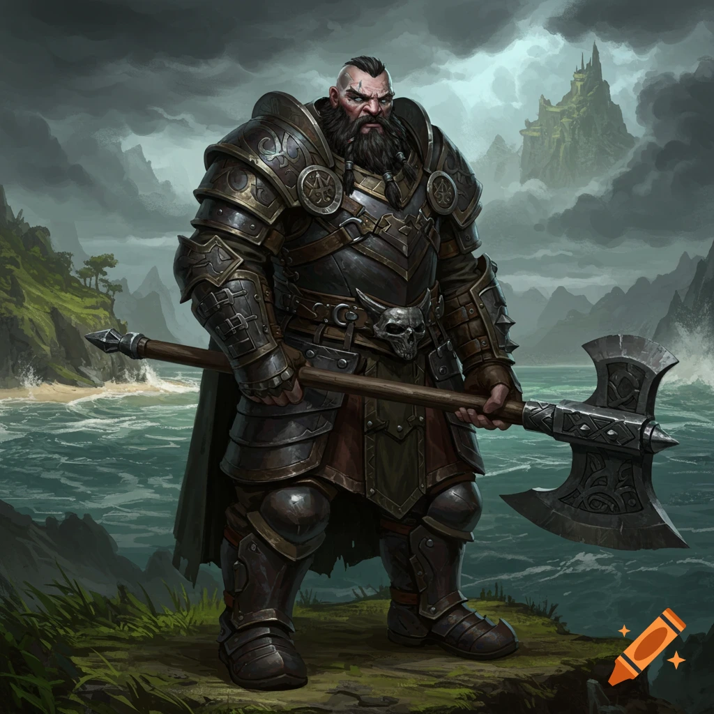 A large armored warrior holding a double-bladed axe stands by the sea with a castle in the background.