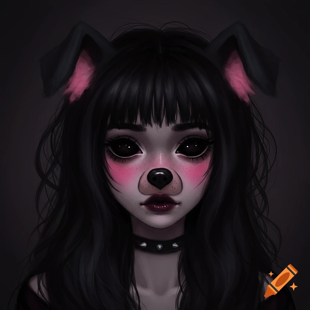 Goth girl with dog ears and nose wearing a choker.