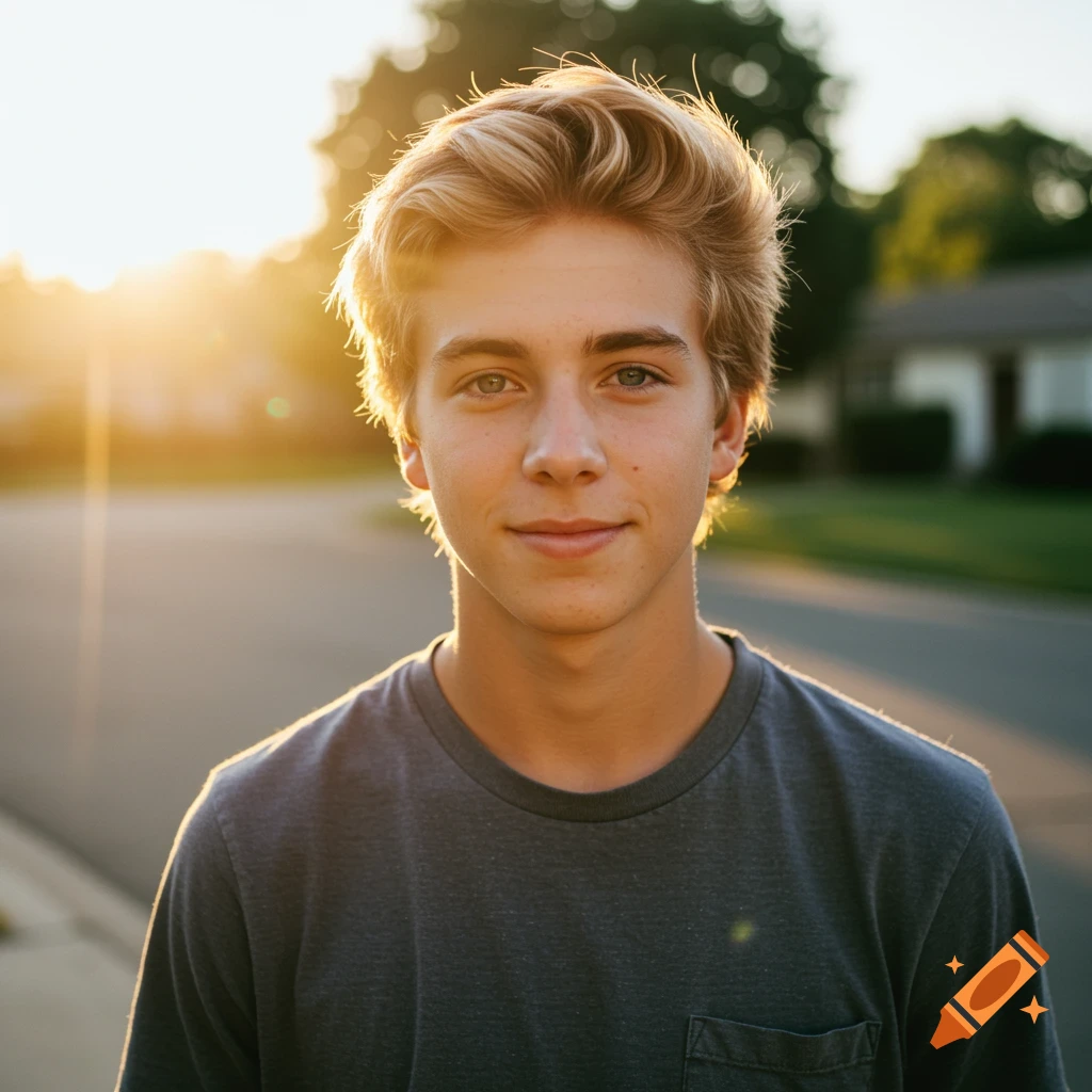 A sun-drenched portrait of a smiling white male teenager outdoors at sunset.