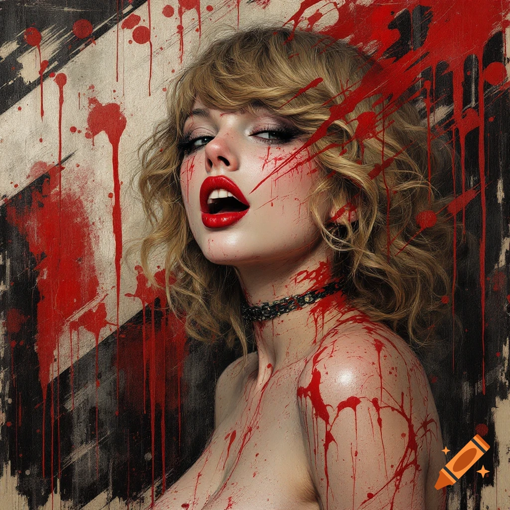Stylized image of a woman covered in red splatter against a striped background.