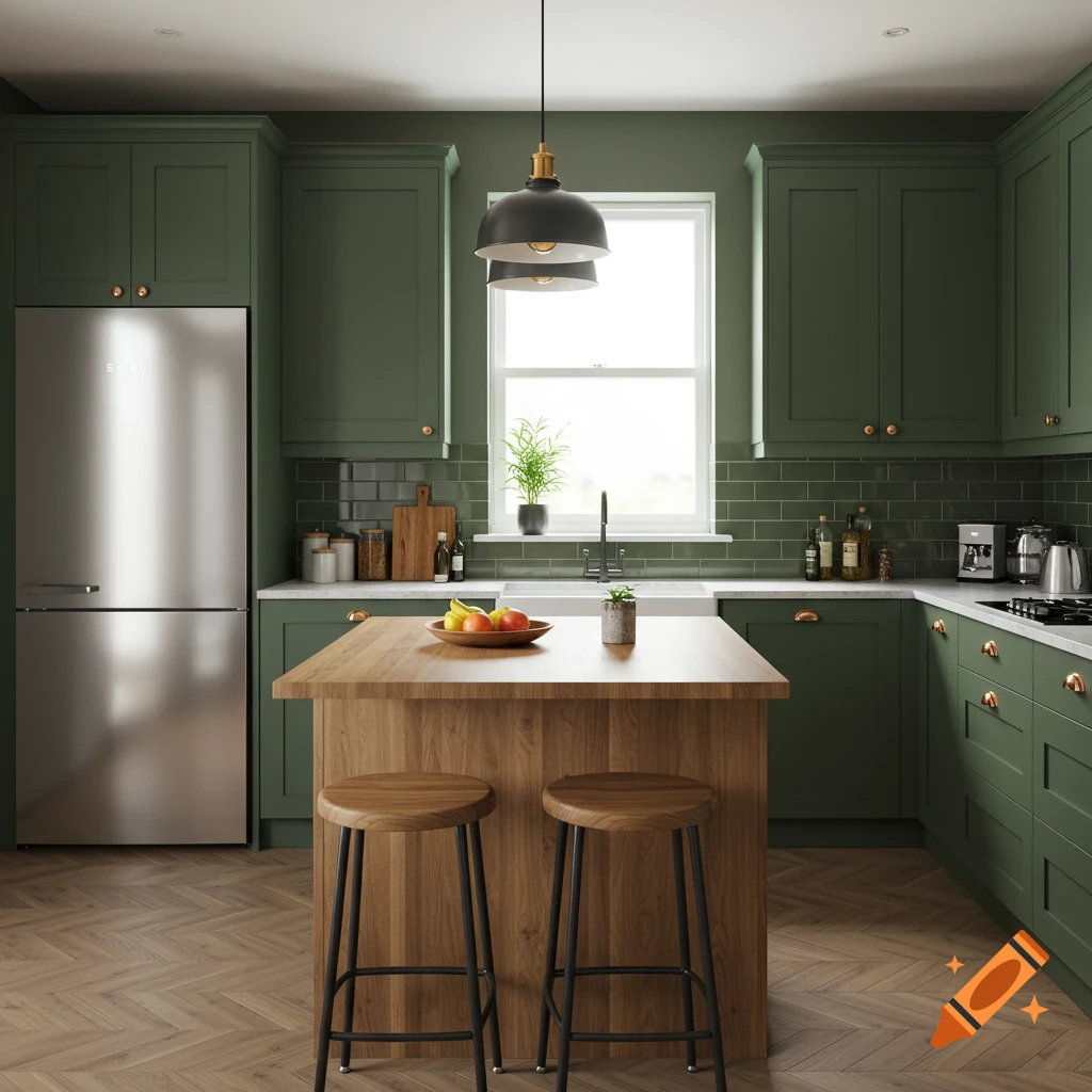 Photorealistic dark sage green kitchen with a stainless steel fridge, wood island, and window above a sink.