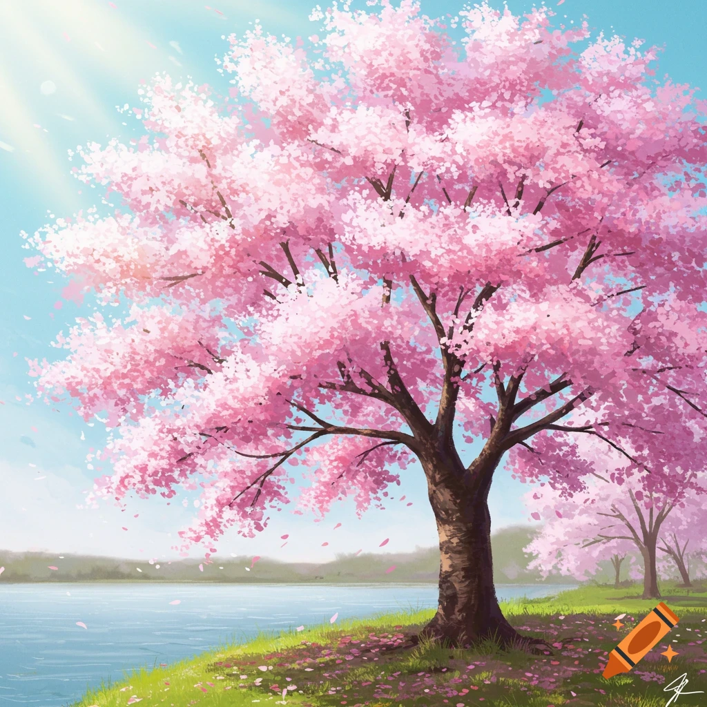 A large cherry blossom tree in full bloom by a lake, with falling petals.
