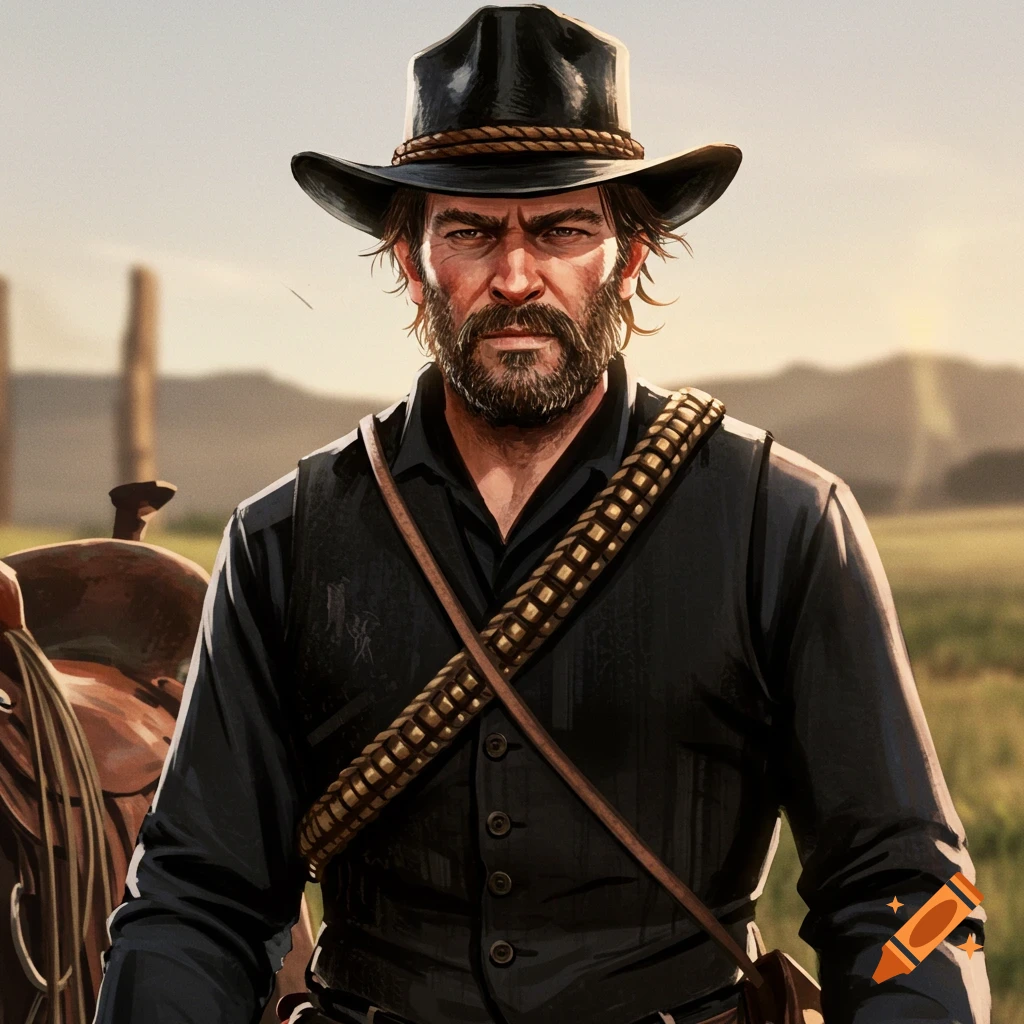 A cowboy in a black hat and vest, with a bandolier, looking forward.