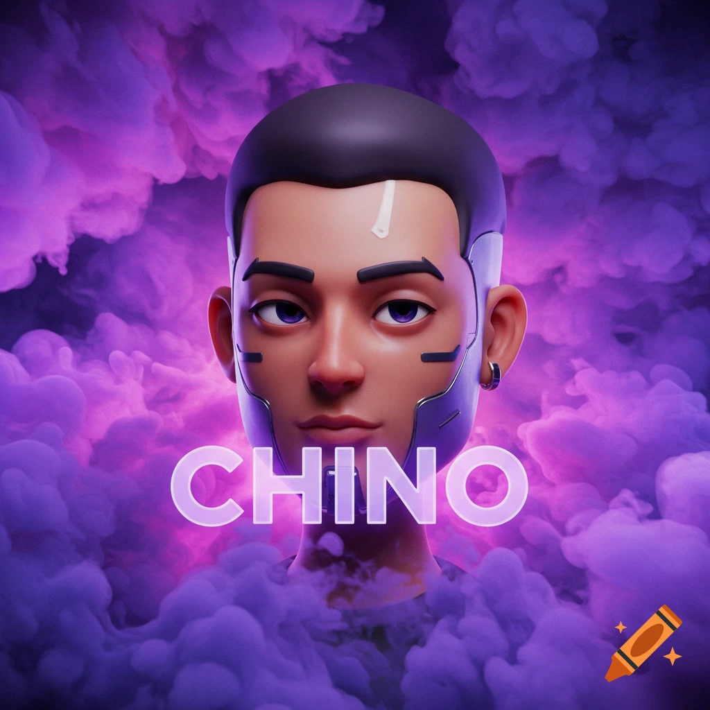 3D render of a stylized male character with glowing text "CHINO" and purple smoke.