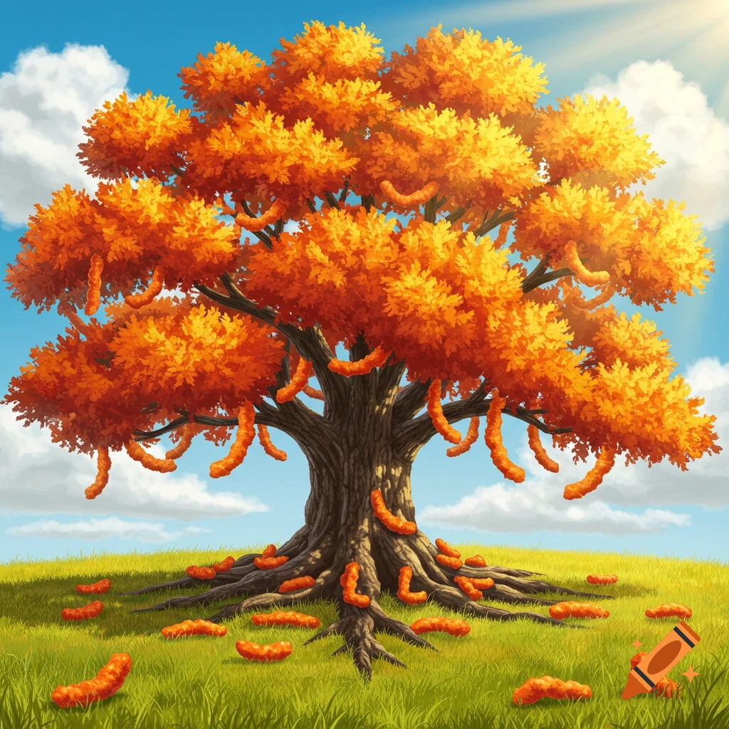A tree with bright orange snack items resembling Cheetos hanging from branches and scattered on the ground.