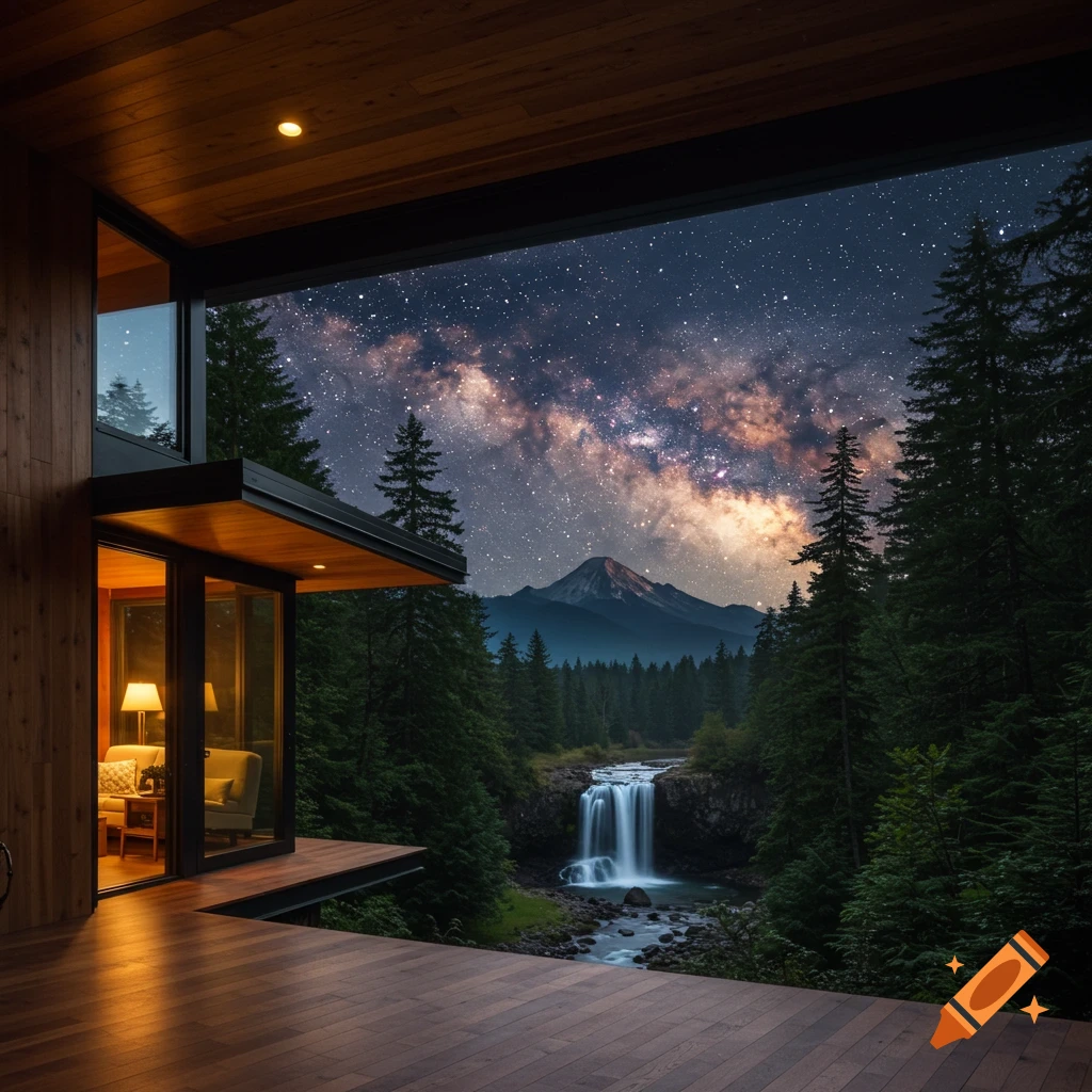 View from a modern house deck of a forest, waterfall, mountain, and starry sky with the Milky Way galaxy.