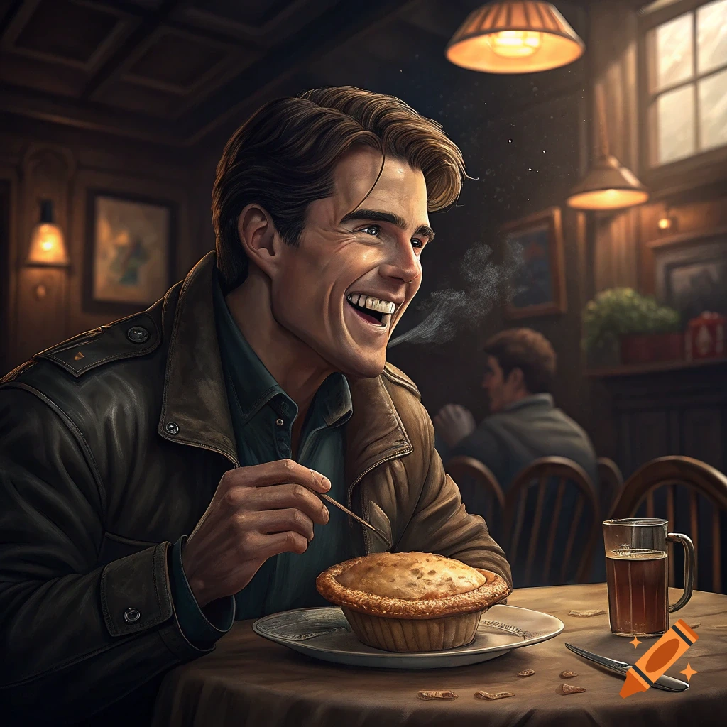 Man resembling Tom Cruise laughing and eating a pie in a restaurant.