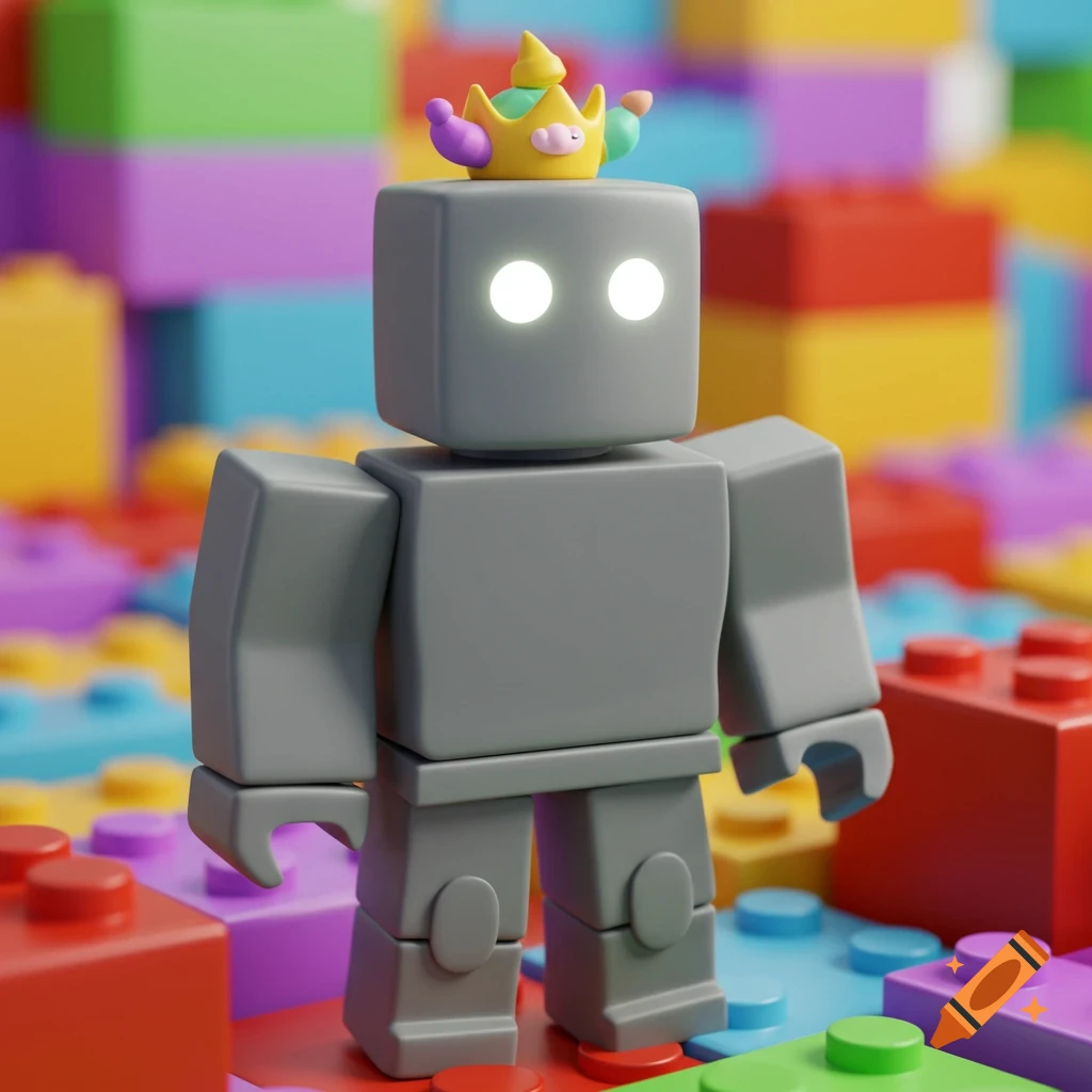 A grey blocky robot character with a crown standing on colorful building blocks.