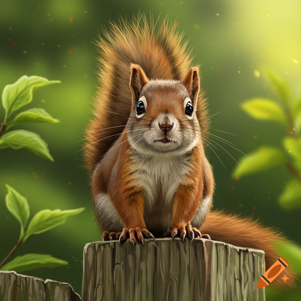 A curious squirrel sits on a wooden fence post, with a soft green background and leaves.