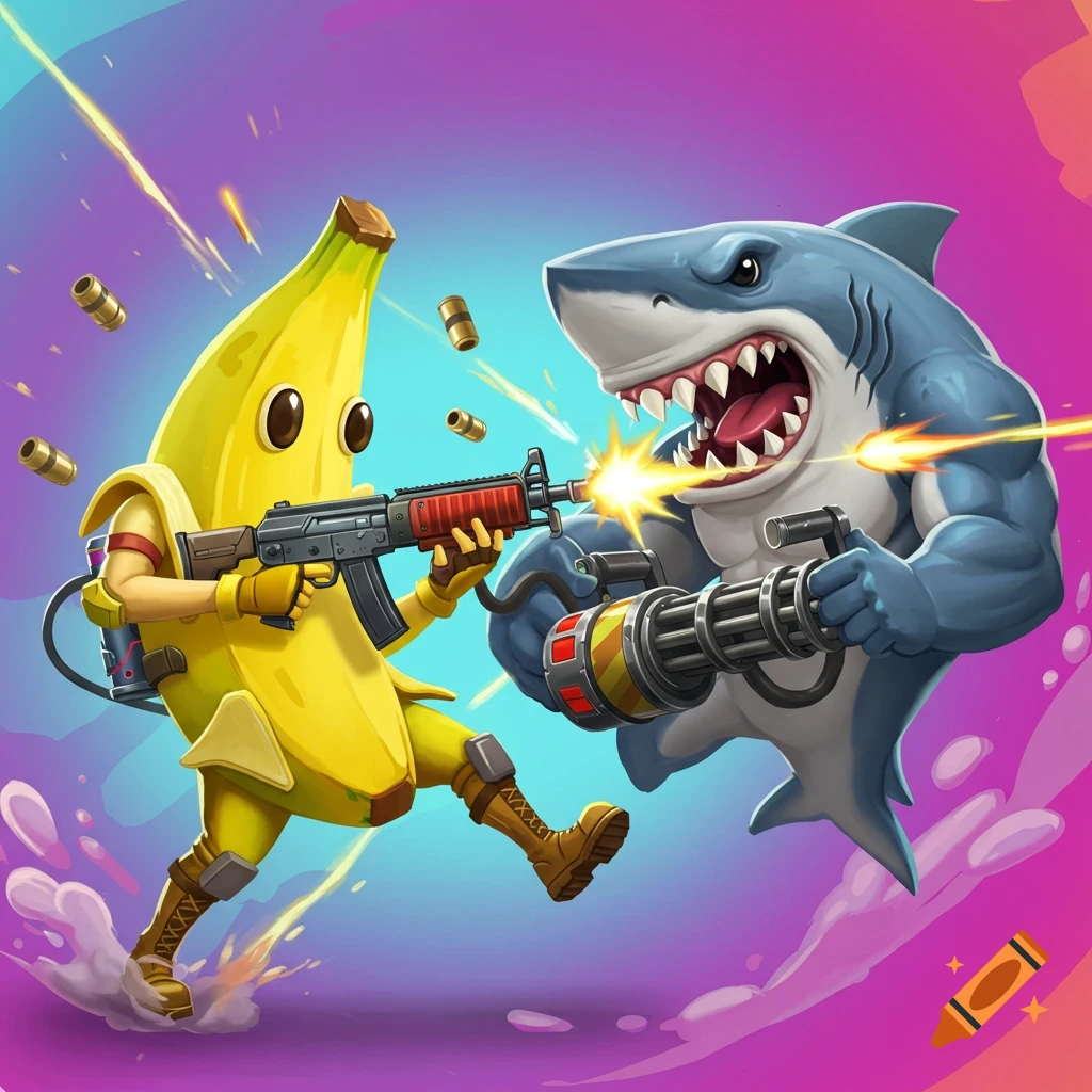 Cartoon banana and shark characters shooting at each other with guns.