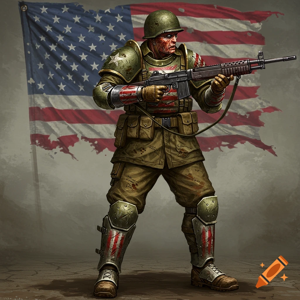 War-torn, zombie-like soldier with a rifle standing in front of a tattered US flag.