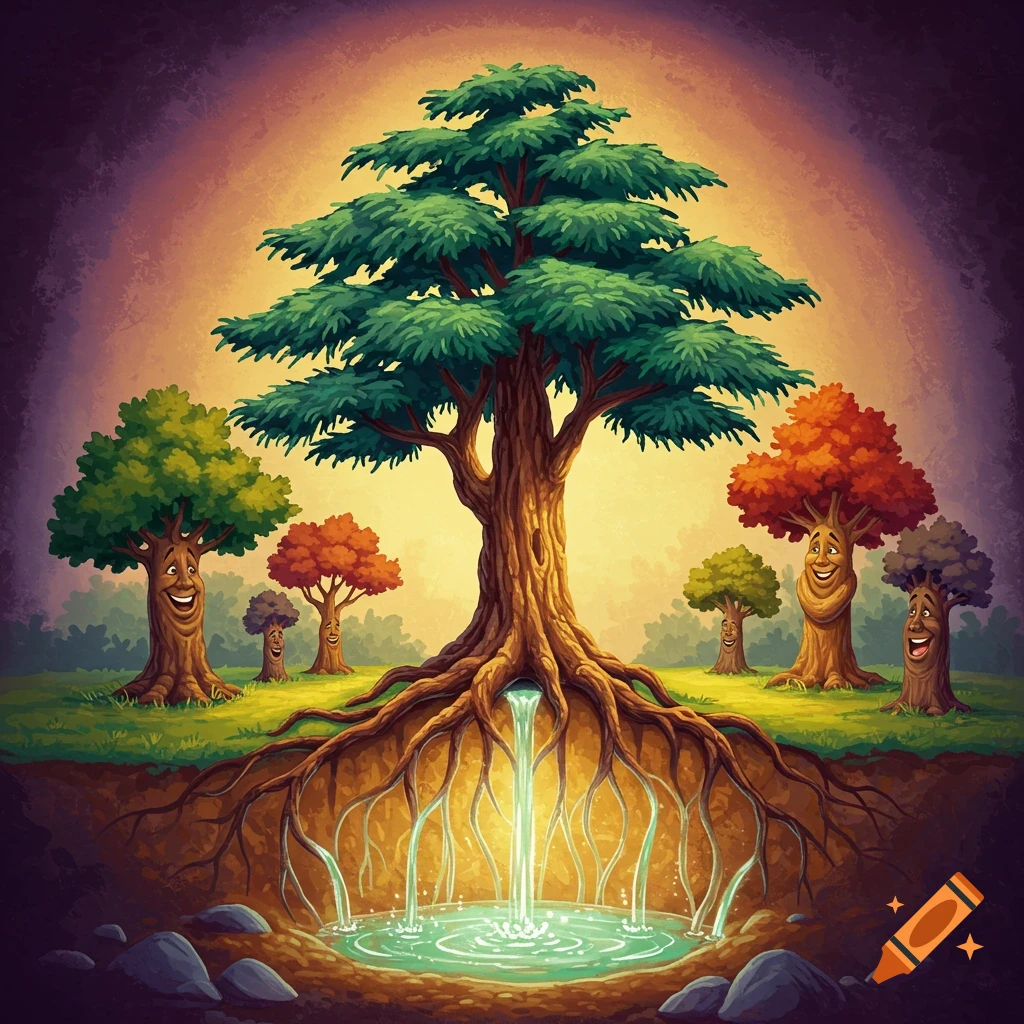 A large tree with roots feeding water to smaller smiling trees in a cartoon style.