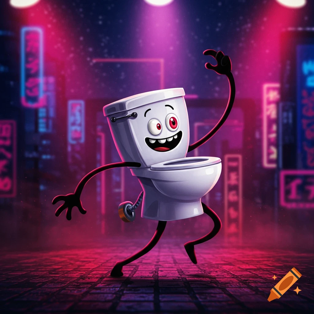 Cartoon toilet character dancing in a neon city