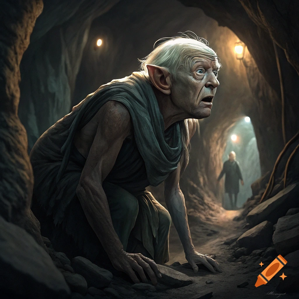 A Gollum-like creature lurks in a dark cavern, looking surprised, a person visible in the background.