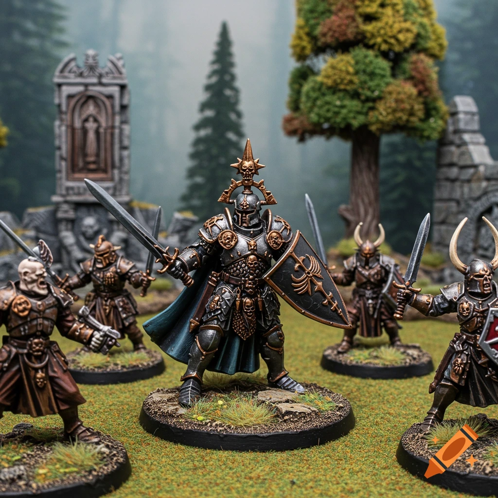 Painted fantasy miniatures on a forest wargaming terrain board.