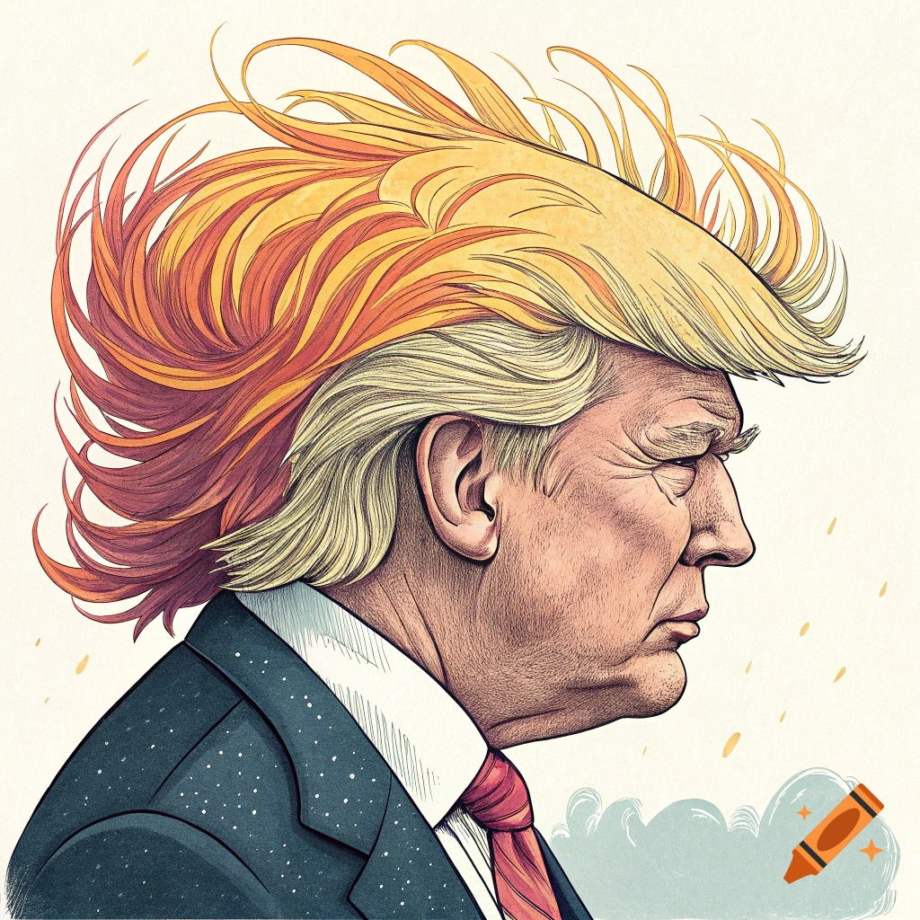 Stylized cartoon portrait of Donald Trump from the side with exaggerated hair