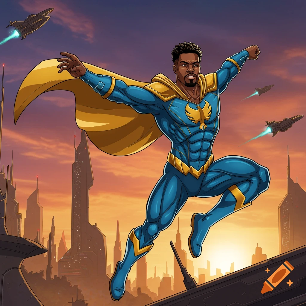 Comic style illustration of a Black superhero flying over a futuristic city at sunset.
