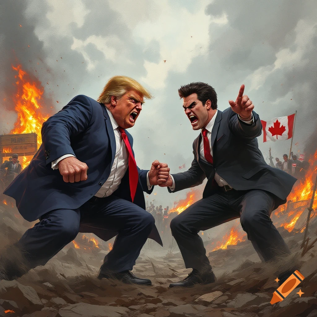 Donald Trump and Pierre Poilievre are depicted in a dramatic, fiery scene, facing off aggressively with a Canadian flag in the background.