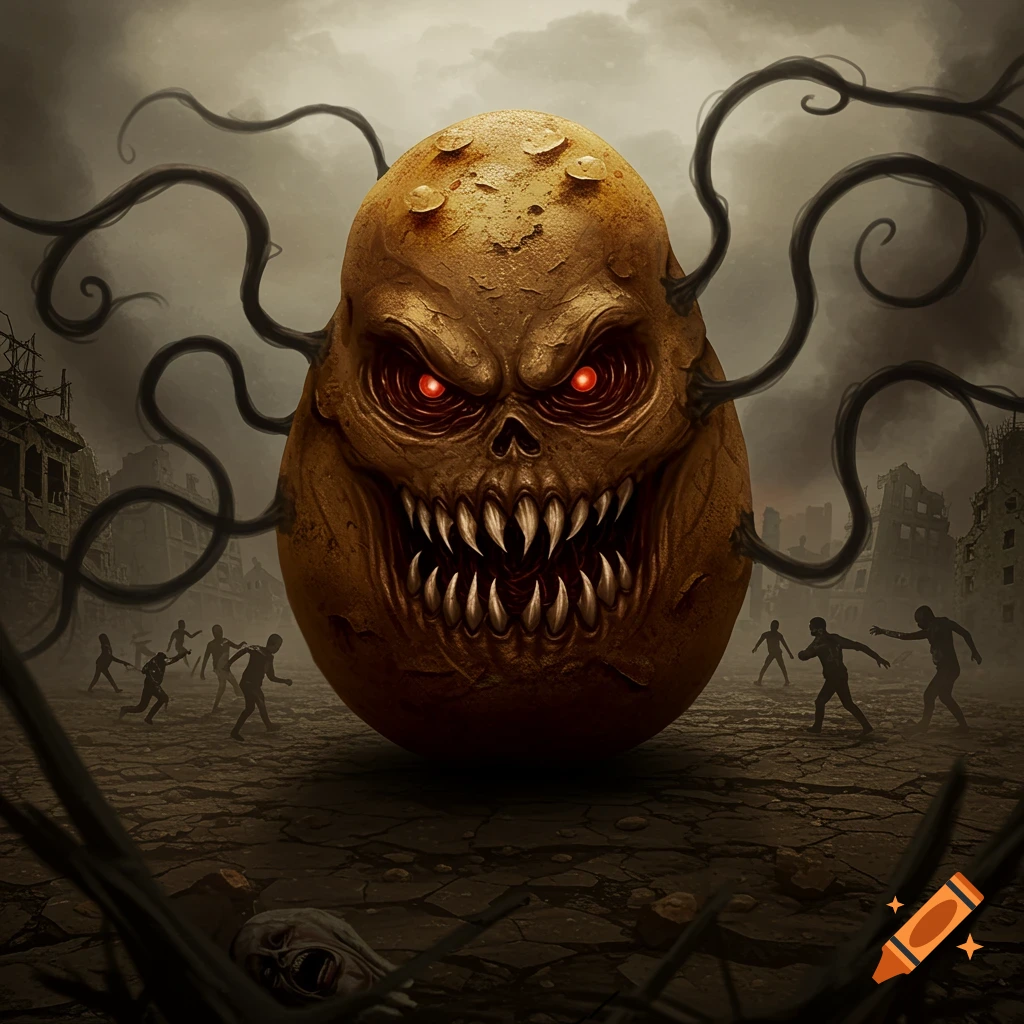 A menacing potato monster with red eyes and tendrils dominates a scene of tiny people fleeing in a destroyed gothic city.