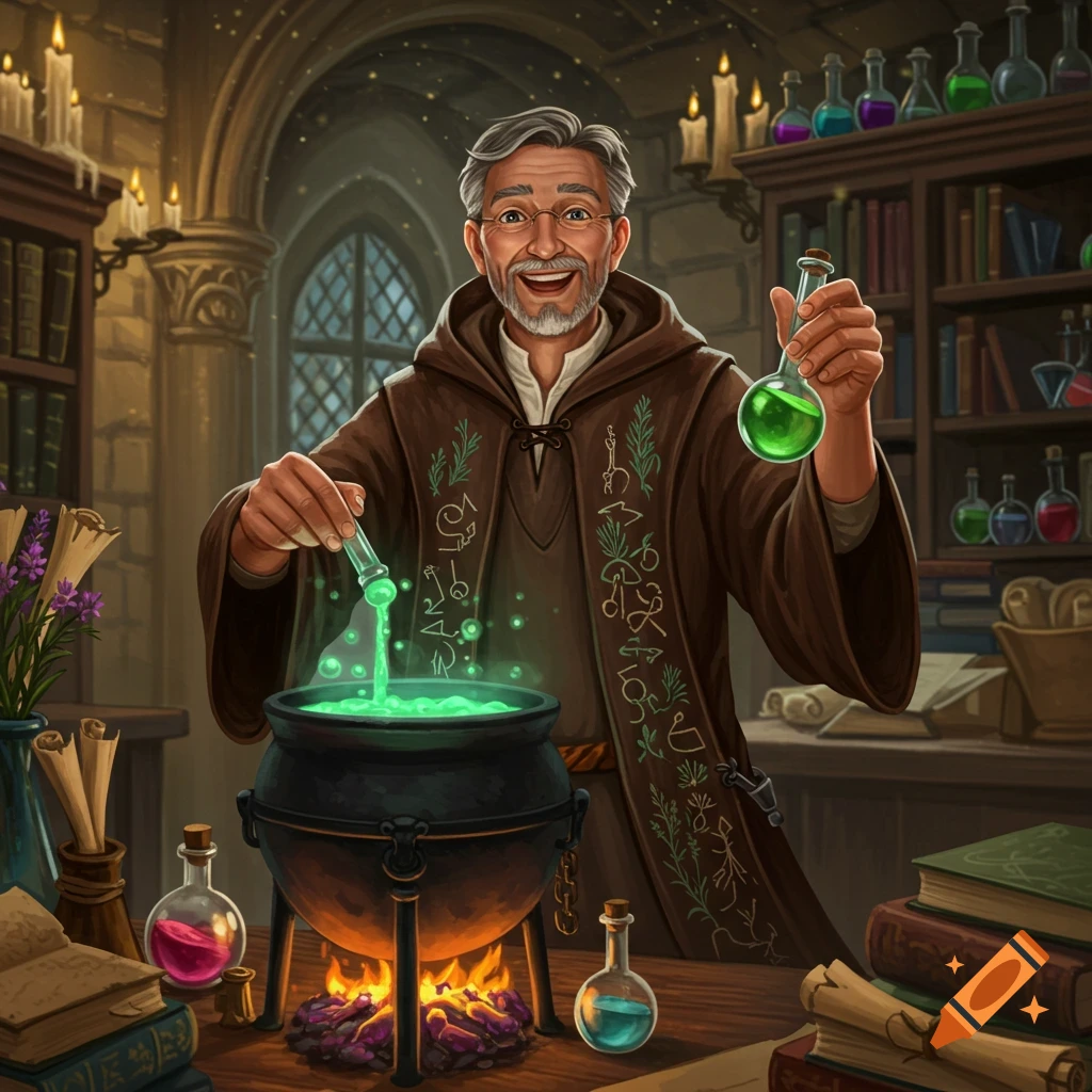 A kind old wizard in a brown robe mixes a glowing green potion in a cauldron in his lab.