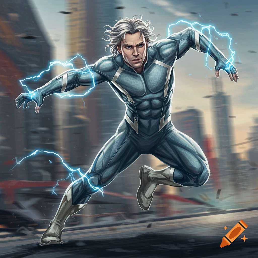 Super-speed blur: Quicksilver zips through a city, leaving trails of lightning.