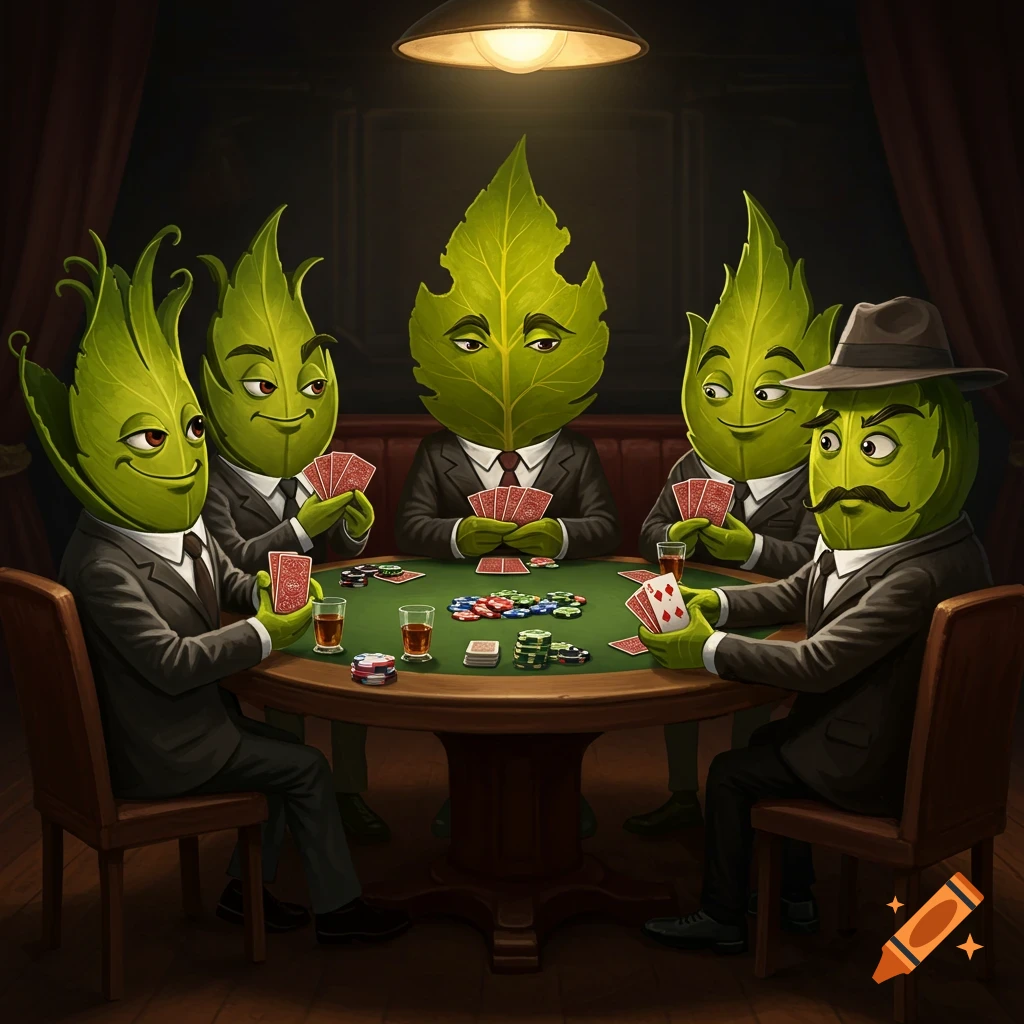 Anthropomorphic green leaves in suits play poker around a table with cards and chips in a dimly lit room.
