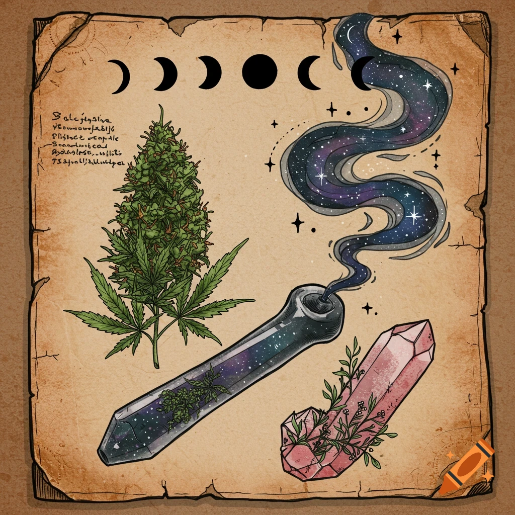 Illustration of cannabis plant, pipe, crystal, moon phases, and mystical text on aged paper.