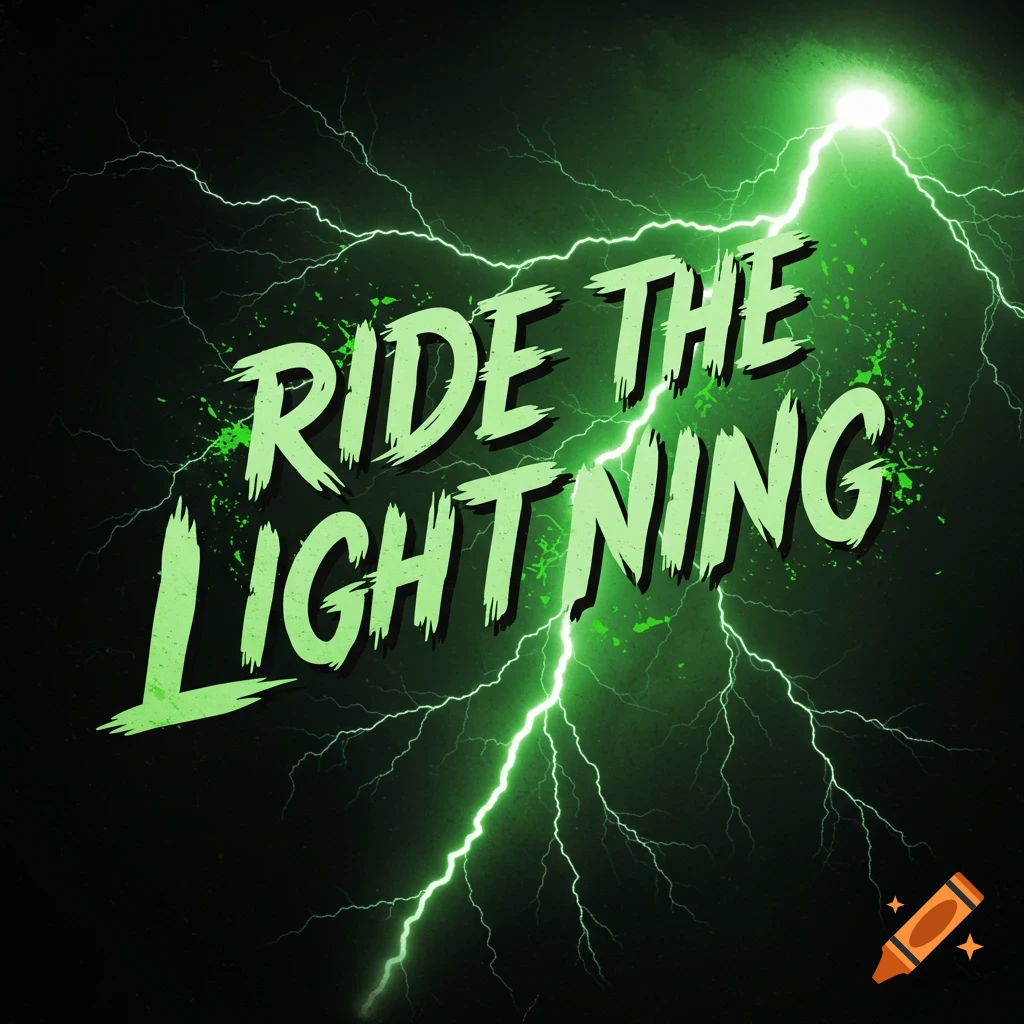 Green text 'Ride the Lightning' over a black background with green lightning.