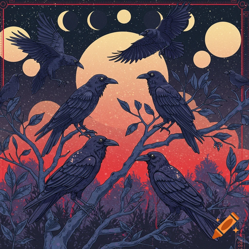 A digital illustration of crows perched in trees under a large moon and starry sky.
