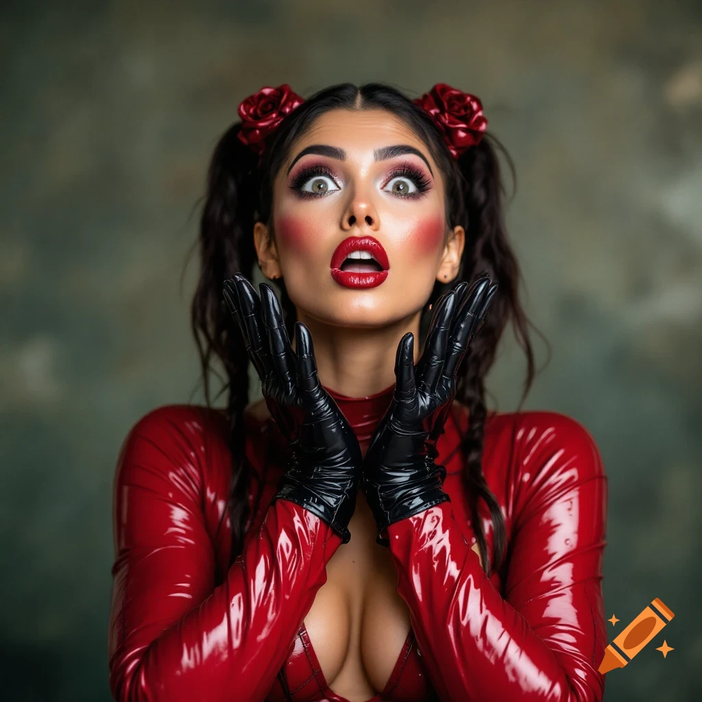 Woman in red latex costume with surprised expression, wearing black gloves and red roses in hair.