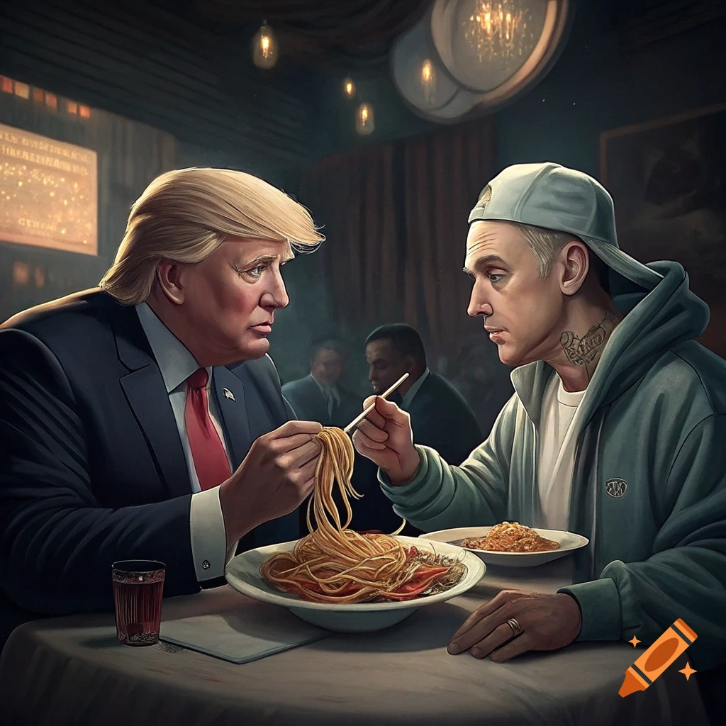 Donald Trump and Eminem eating spaghetti in a restaurant