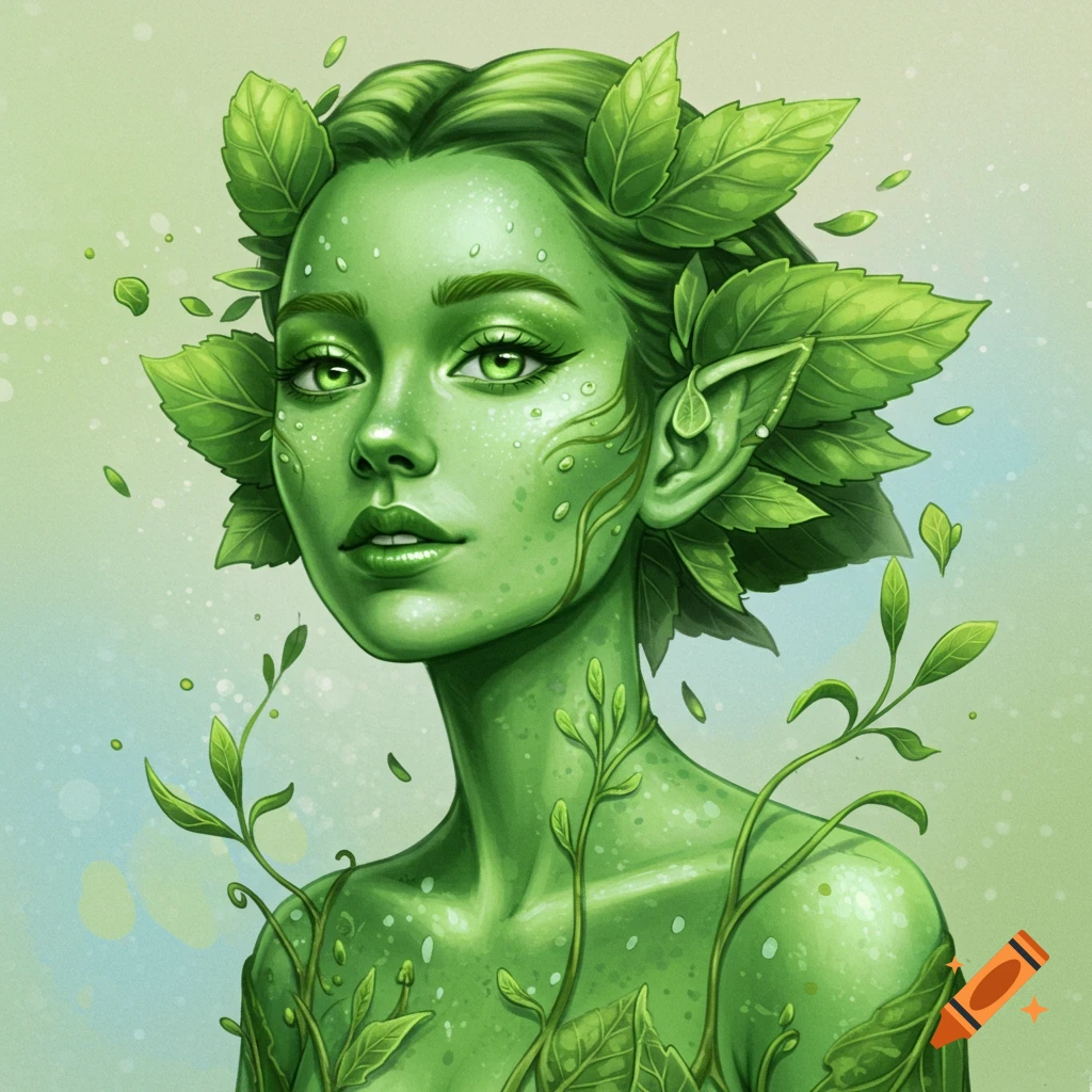 A green-skinned woman with leaves integrated into her hair and shoulders, resembling a plant.