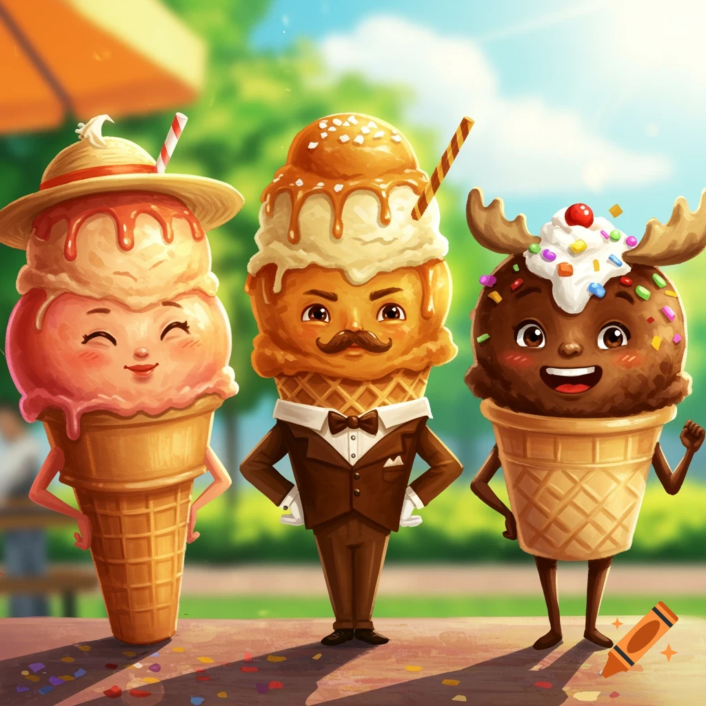 Three personified ice cream cones stand together, one with a hat, one in a suit, and one with antlers.