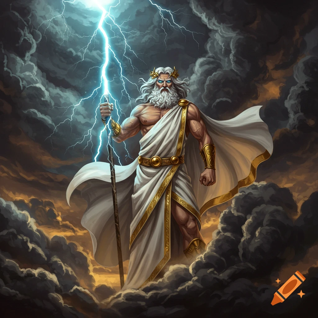 The Greek god Zeus holding lightning among dark clouds.