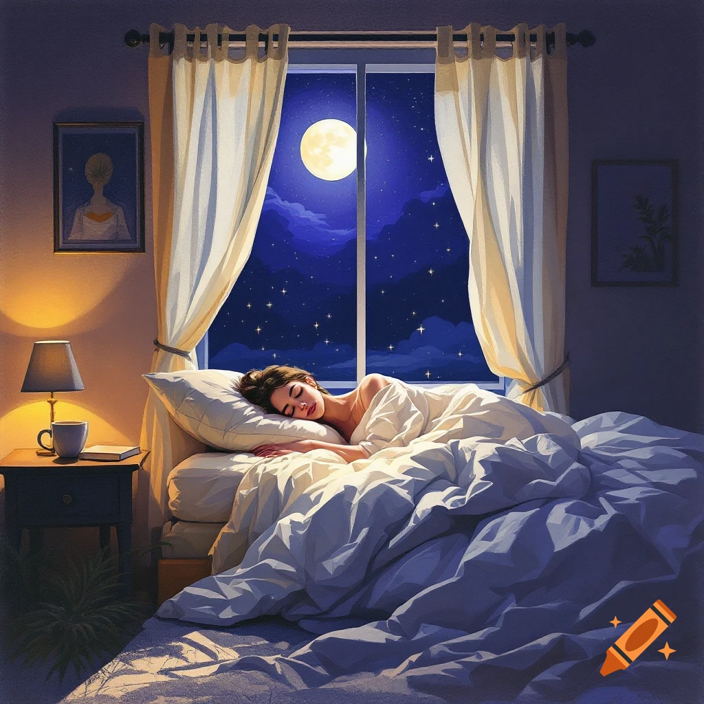 A person sleeps in a bed by a window with a view of a full moon and starry night sky. Painterly style.