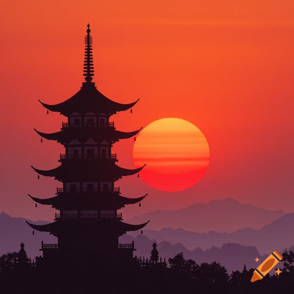 Silhouette of a pagoda and mountains against a red and orange sunset.
