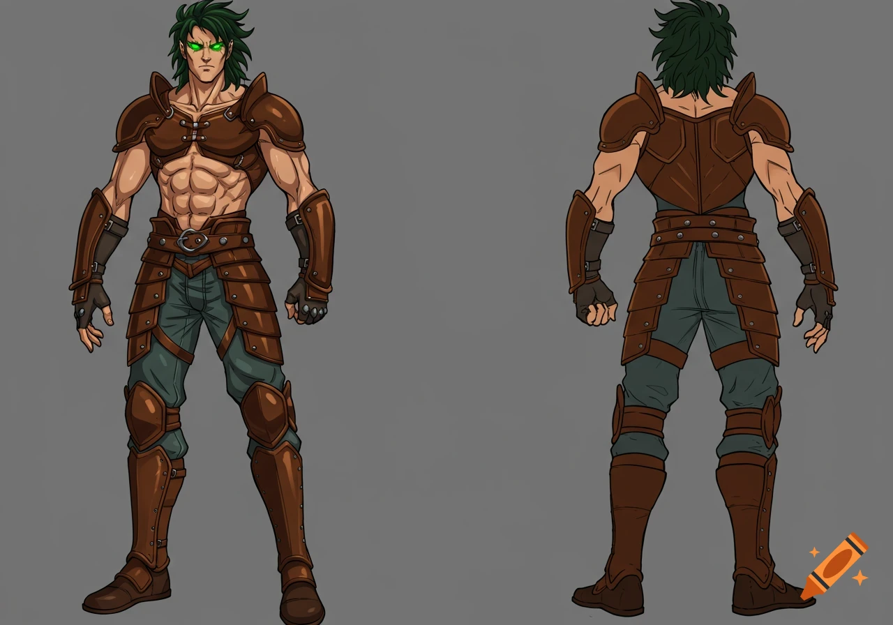 Anime character reference sheet, front and back view, man with green eyes and hair in leather armor.