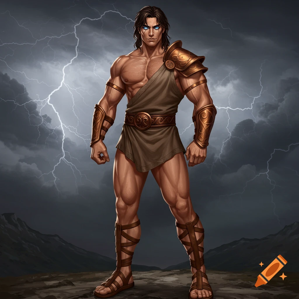 A strong demigod with glowing eyes stands in armor against a lightning storm background.