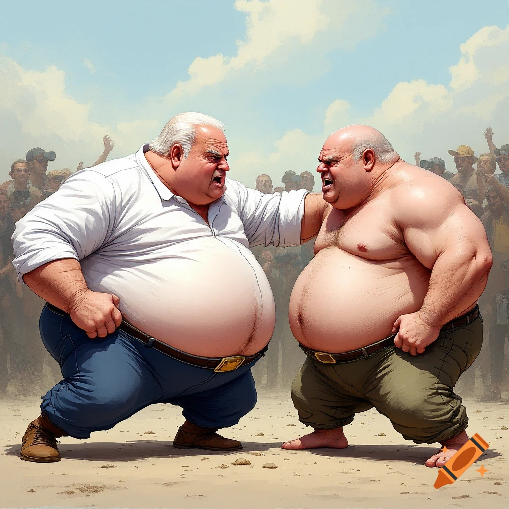 Two extremely large men face off in a crowd under a cloudy sky, in an illustrative style.