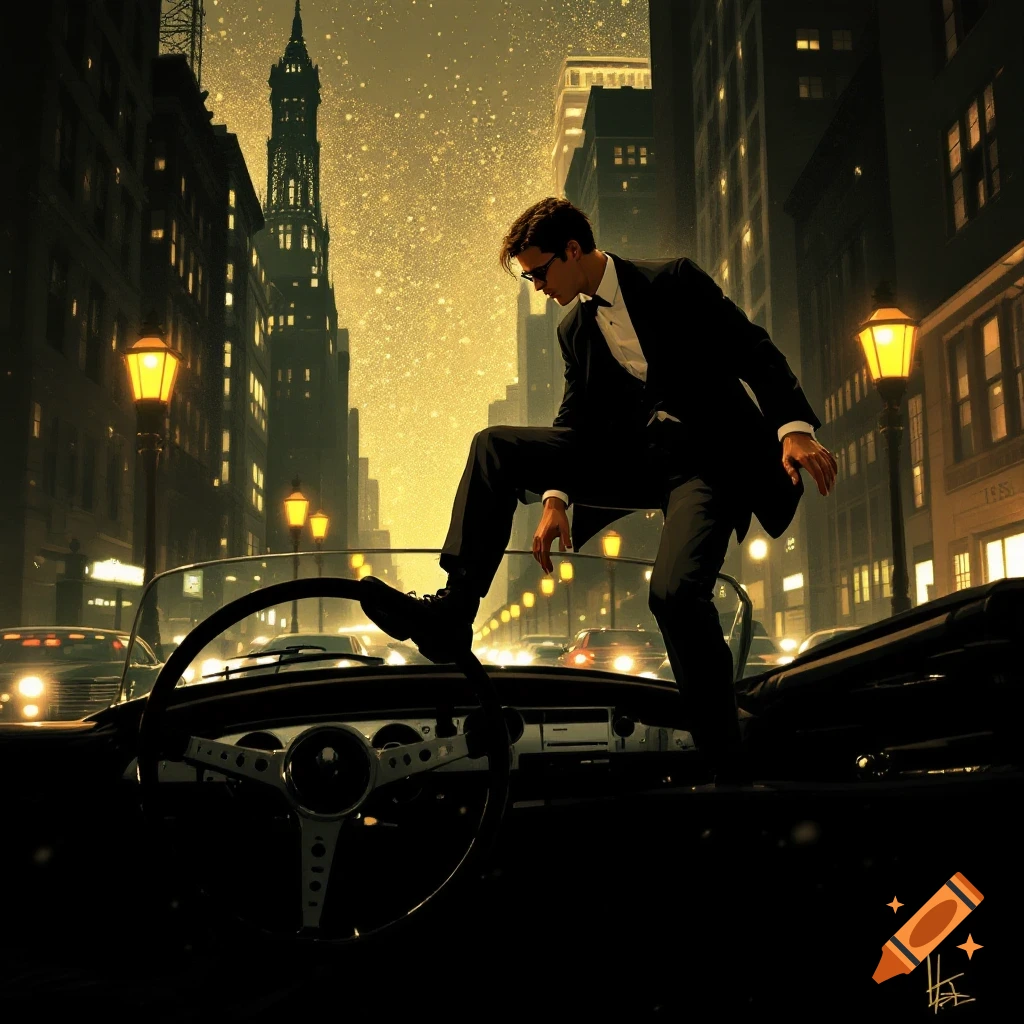 A man in a suit balancing on the dashboard of a classic car in a city street at night.