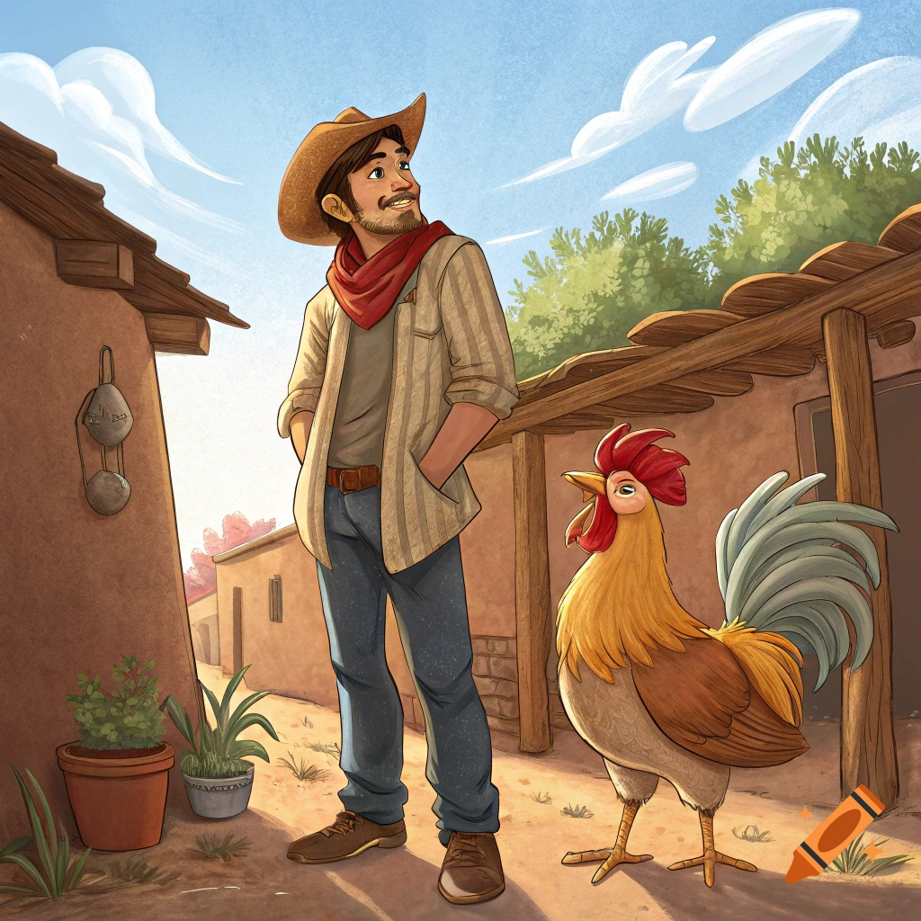 Illustration of a man in a cowboy hat and a rooster standing outside adobe buildings