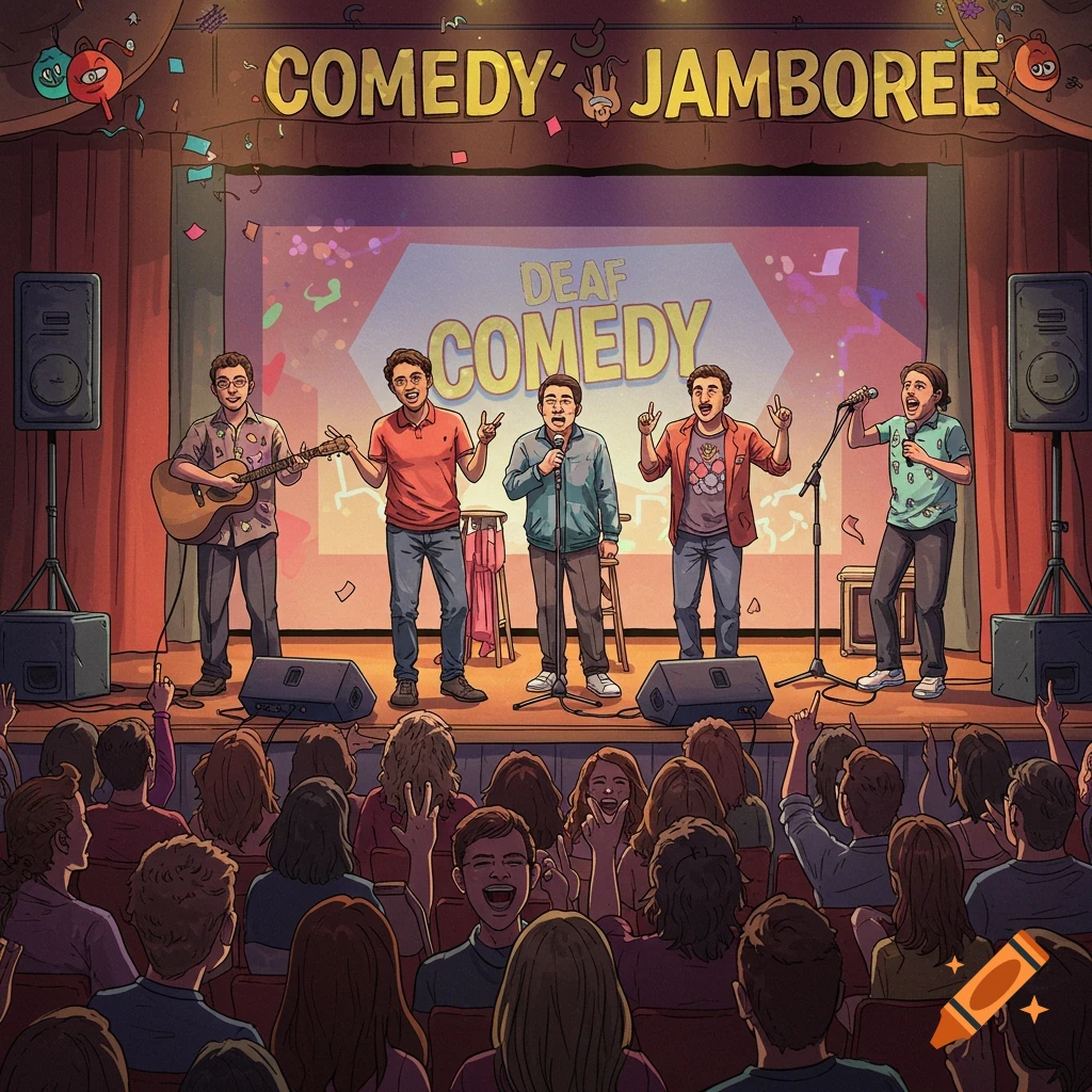 A Deaf comedy show with comedians on stage and an audience