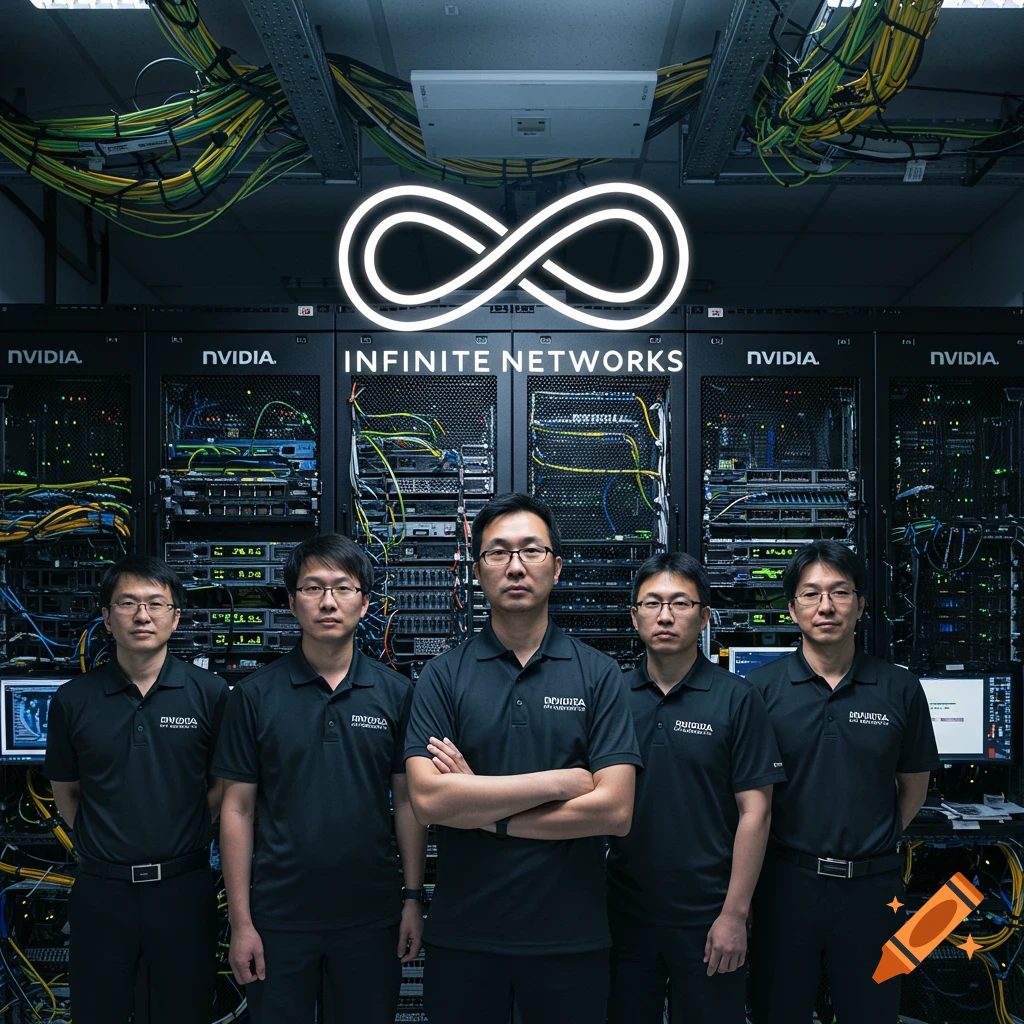 Five people stand in front of server racks with an infinity sign and text.