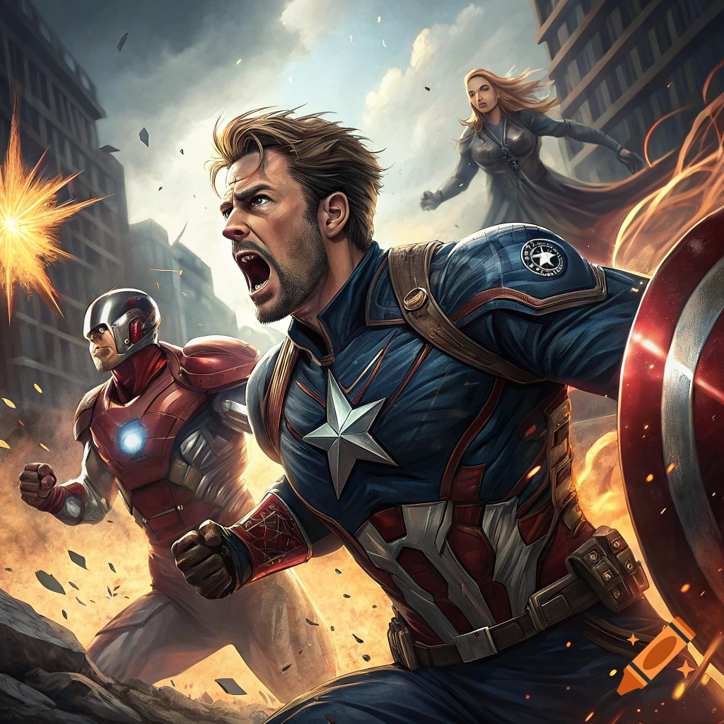 Captain America and Iron Man battle alongside a woman in a ruined city, dynamic comic art.