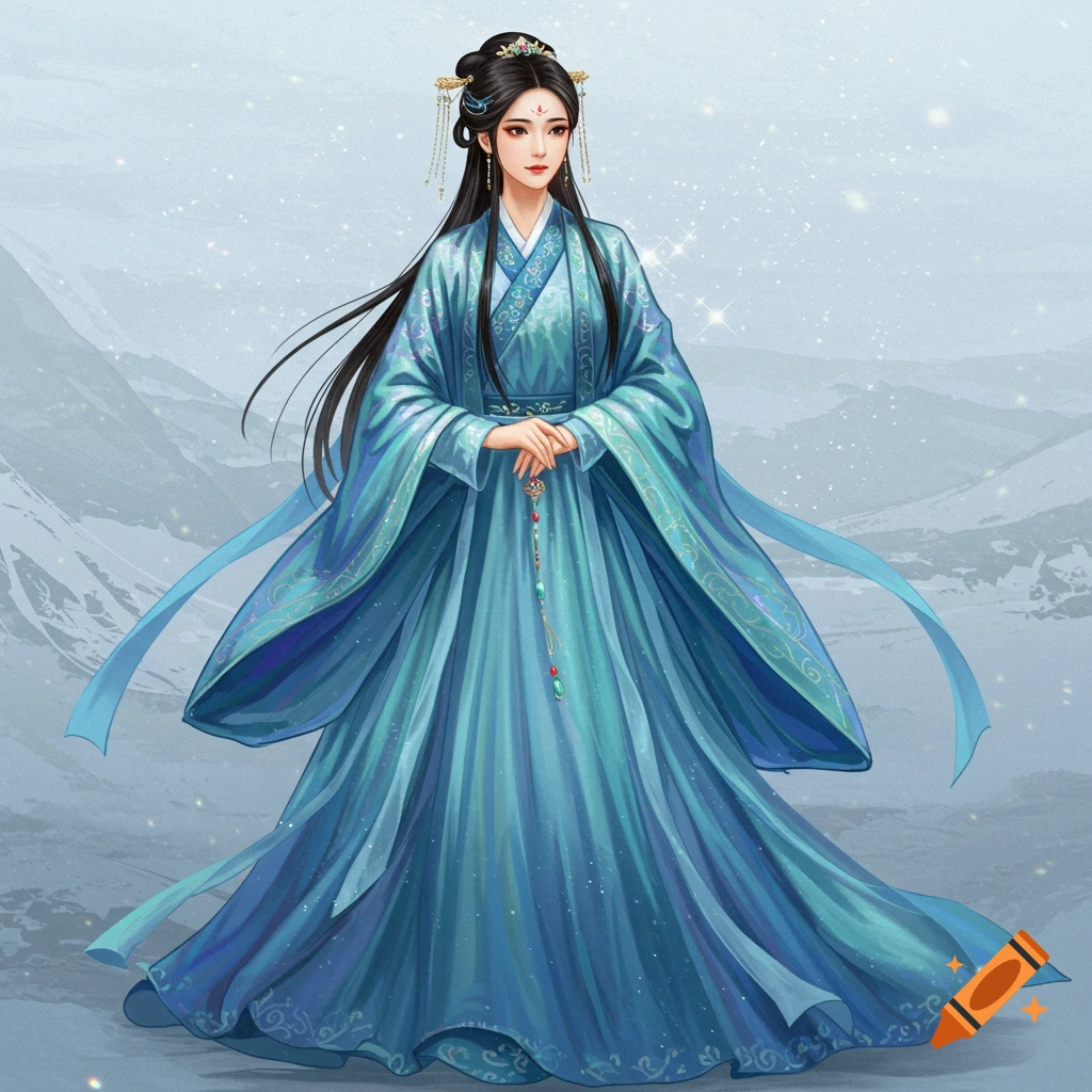 A woman in a blue traditional Chinese hanfu dress with ornate hairpins, standing in front of mountains.