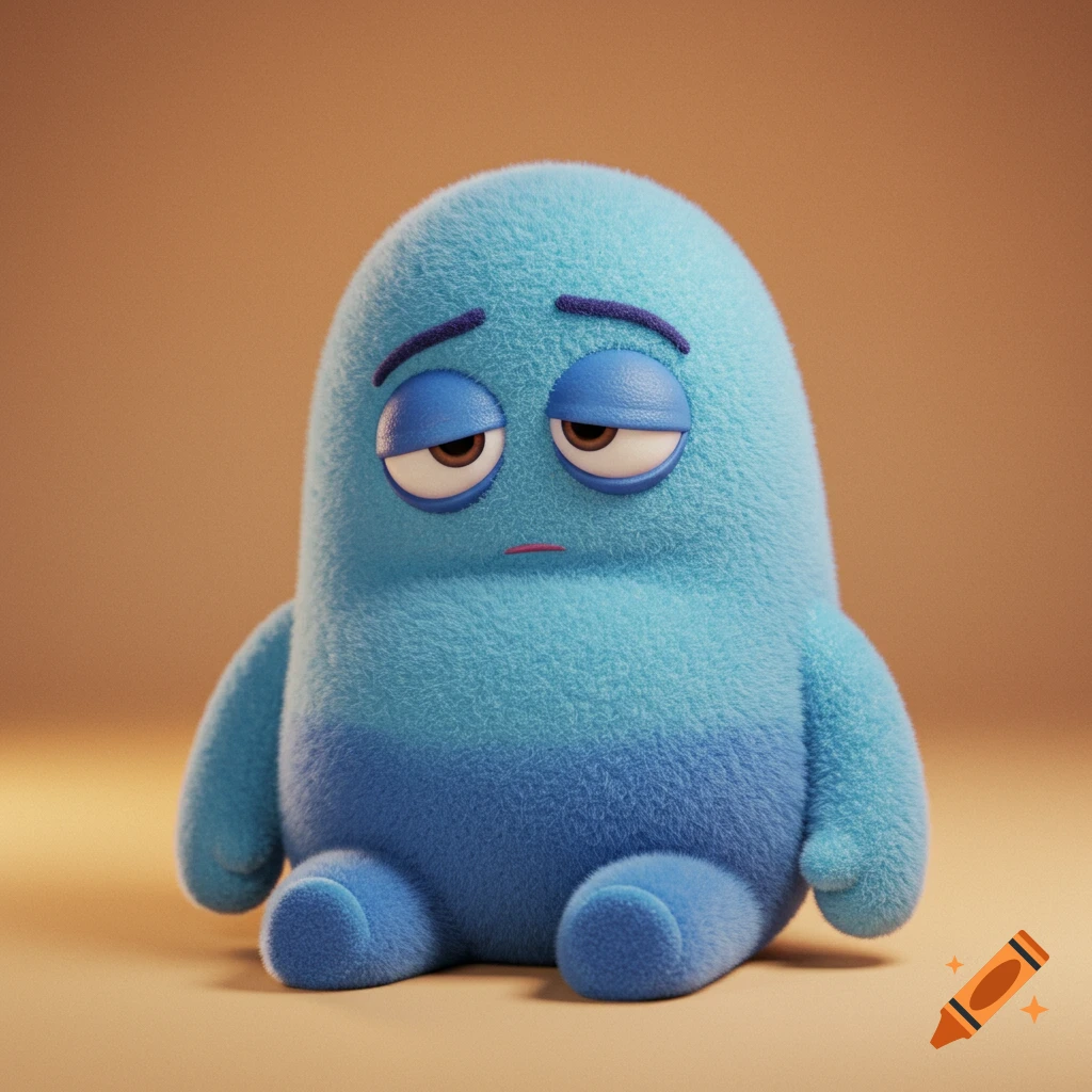 A blue fuzzy creature with droopy eyes sits looking sad or sleepy, in an animation style.