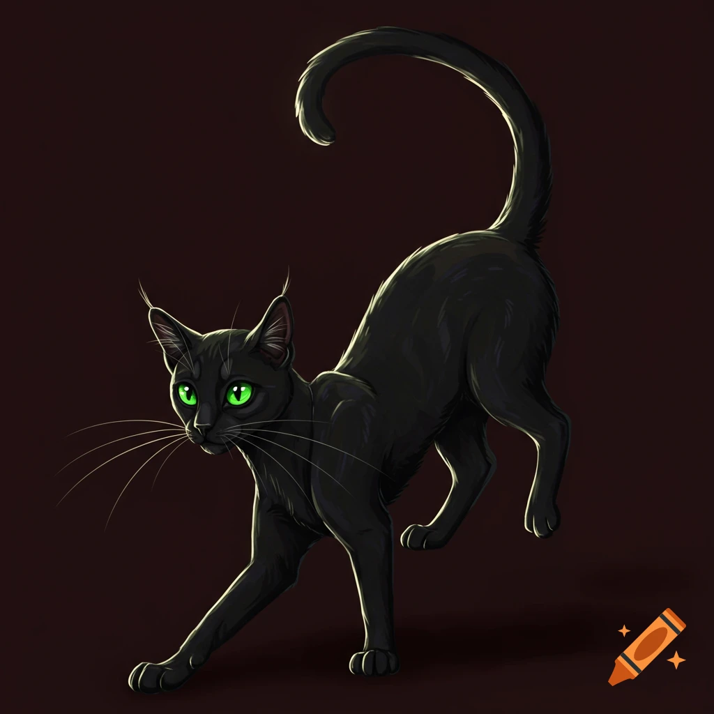 A black cat with bright green eyes is stretching, its body low to the ground and tail curled high.